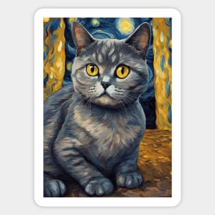 British Shorthair Cat Breed Portrait Painting in a Van Gogh Starry Night Art Style Sticker